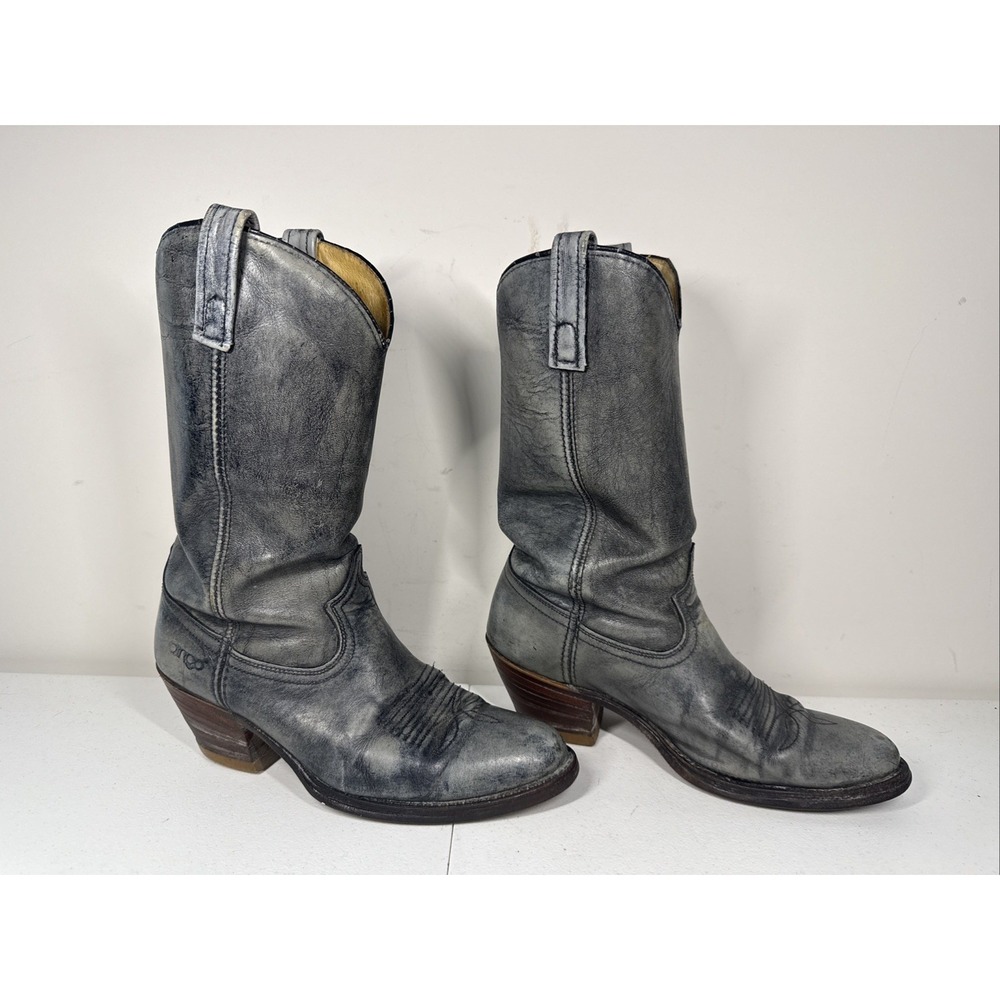 VTG Retro 8 D Dingo Leather Cowboy Boot Gray / Blue 2" Heels 498001